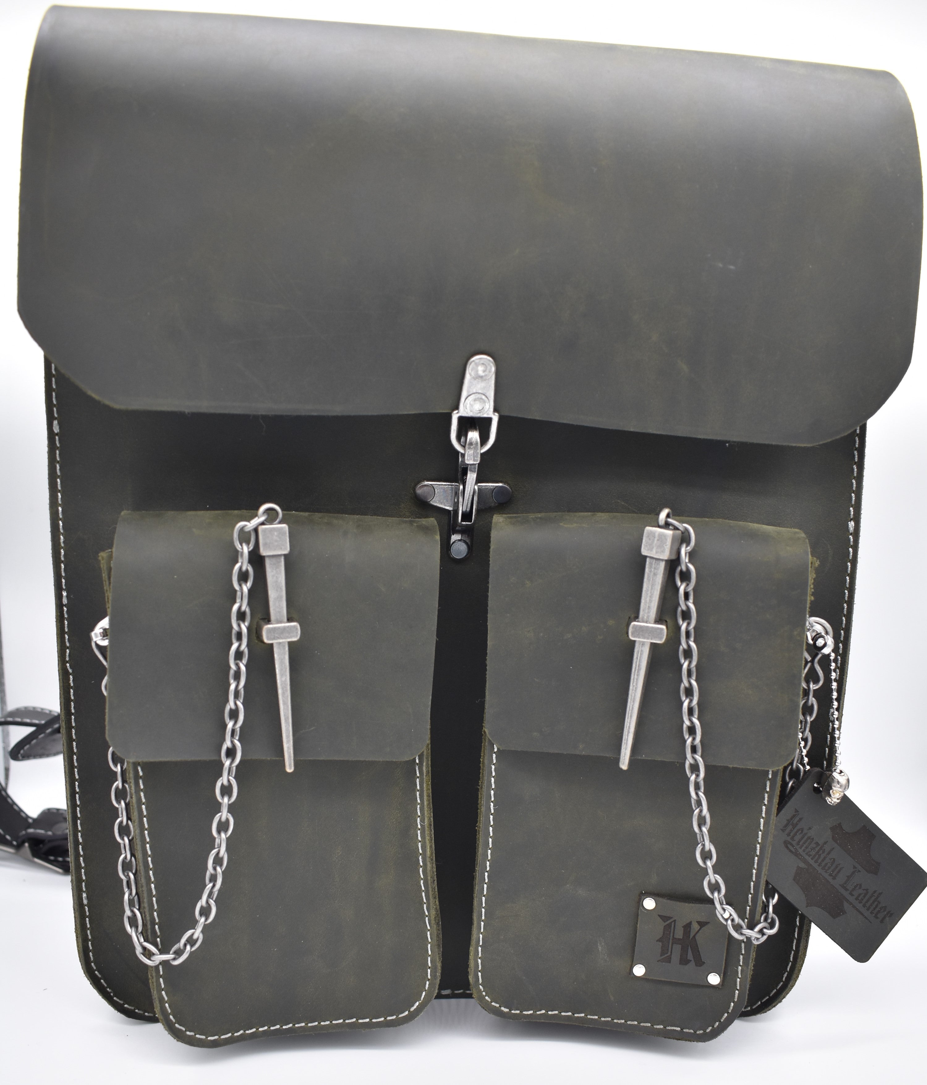 alpine swiss genuine leather backpack purse handbags Alpine Bag Forest Green Oil-Tanned Silver Hardwear and Silver Stitching